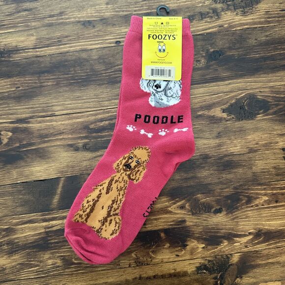 Foozys White Brown Poodle Print Crew Socks Pink Women's One Size - Picture 2 of 2
